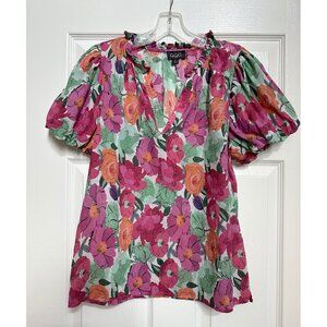 Gigio Puff Sleeve Floral Split Neck Blouse - Small
